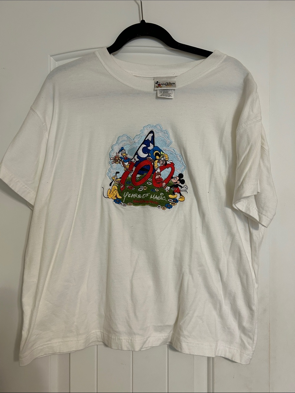 Disney White Graphic Tee with Red and Blue '100 Years' Design